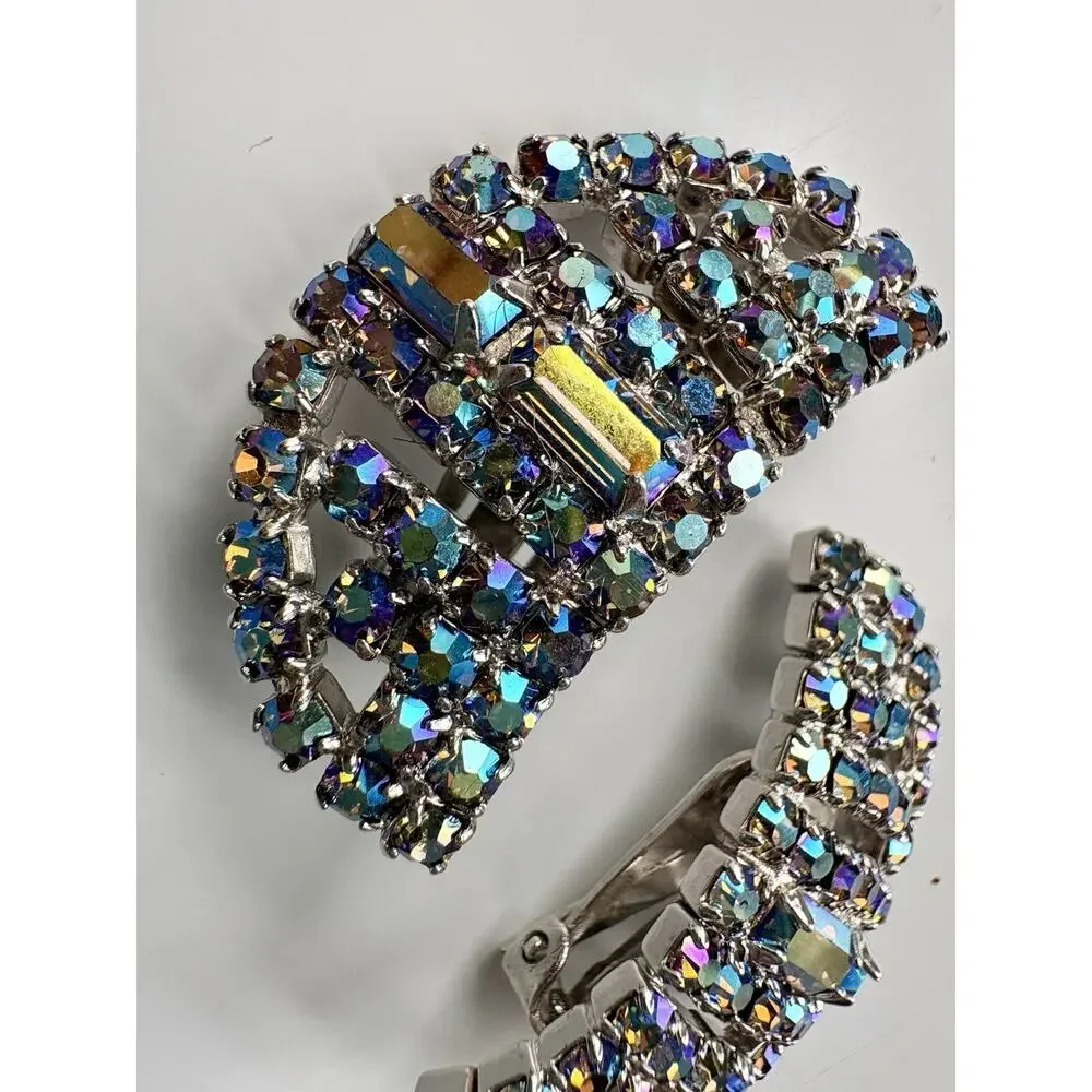 VTG Rhinestone Earrings Clip-on Large Half Moon AB Aurora Borealis Dramatic